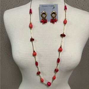 Casual Corner Vibrant Pink and red Gold tone Necklace, earrings Set